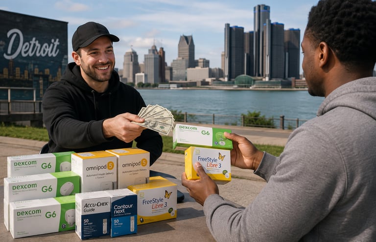 Selling diabetic supplies for cash in Dallas, including Dexcom, Omnipod, FreeStyle Libre, and test 